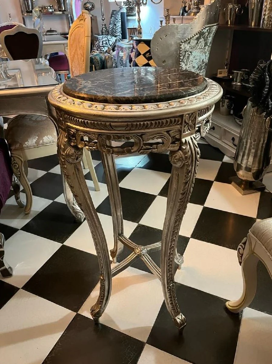 Barock Beistelltisch Silber / Schwarz - Runder Massivholz Tisch mit Marmorplatte im Barockstil - Wohnzimmer Möbel im Barockstil - Barock Möbel