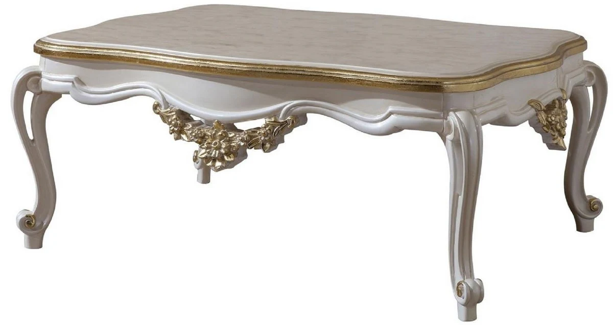Luxus Barock Couchtisch Weiß / Gold 130 x 90 x H. 47 cm - Prunkvoller Massivholz Wohnzimmertisch im Barockstil - Barock Möbel