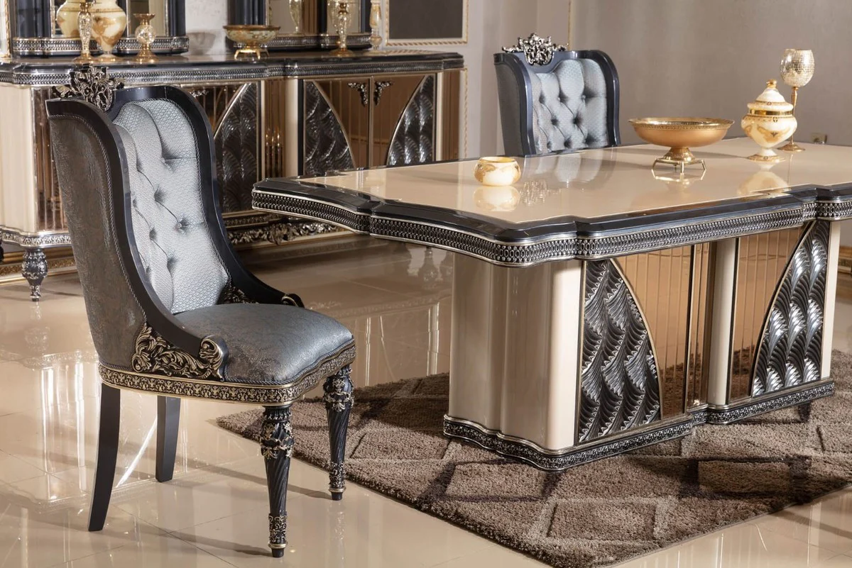 Luxus Barock Esszimmerstuhl 6er Set Hellblau / Schwarz / Gold - Barockstil Küchenstühle mit Muster - Luxus Esszimmer Möbel im Barockstil - Barock Esszimmer Möbel - Barock Einrichtung