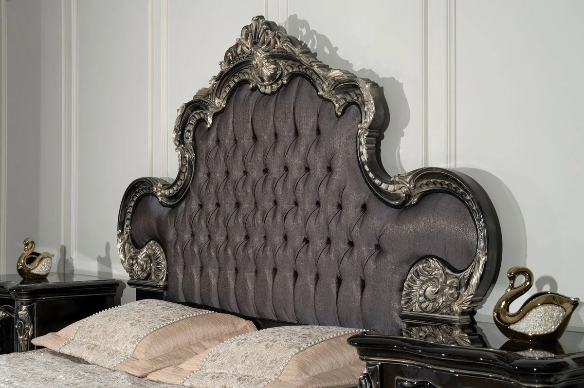 Luxus Barock Doppelbett Anthrazit Grau / Schwarz / Silber - Prunkvolles Massivholz Bett - Luxus Schlafzimmer Möbel im Barockstil - Barock Schlafzimmer Möbel - Edel & Prunkvoll