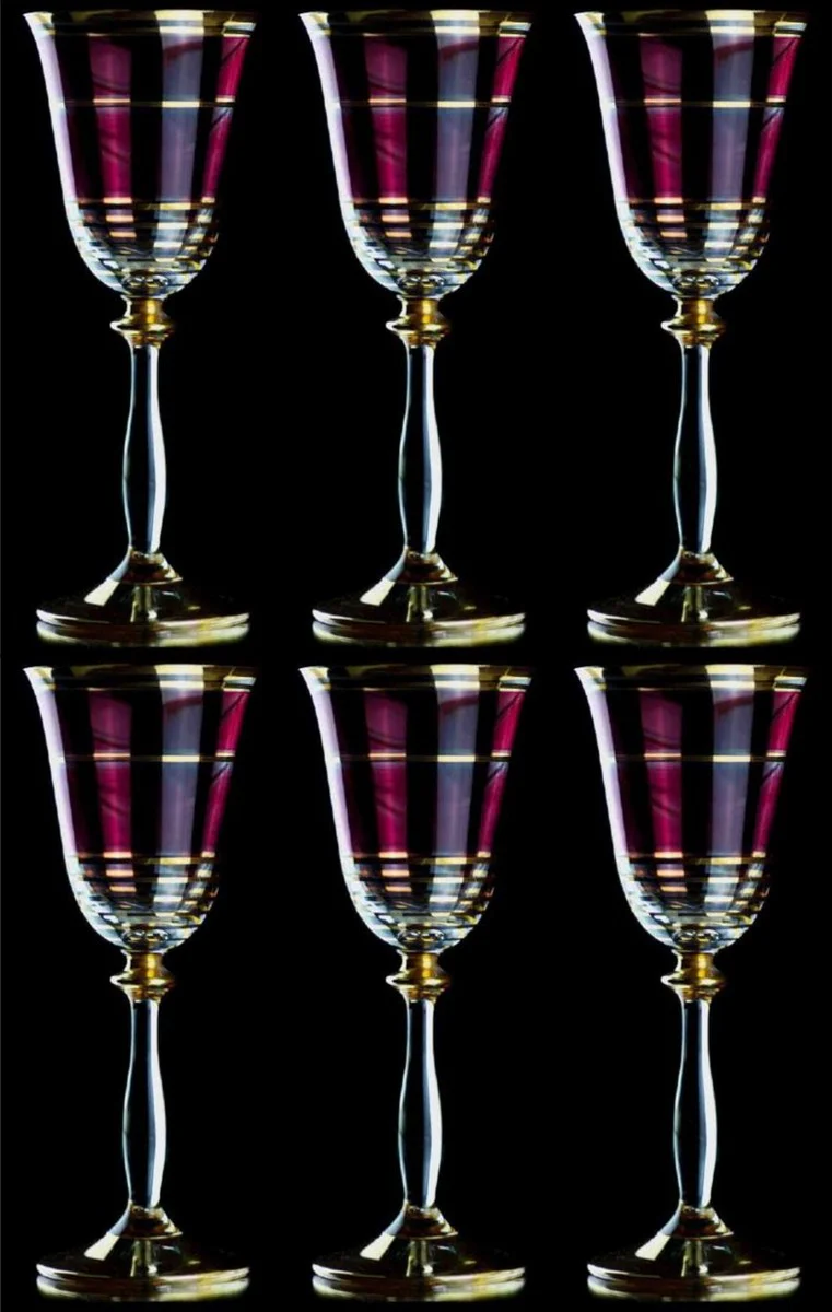 Luxus Barock Likörglas 6er Set Bordeauxrot / Gold Ø 5,5 x H. 17 cm - Handgefertigte Likörgläser - Hotel & Restaurant Accessoires - Luxus Qualität