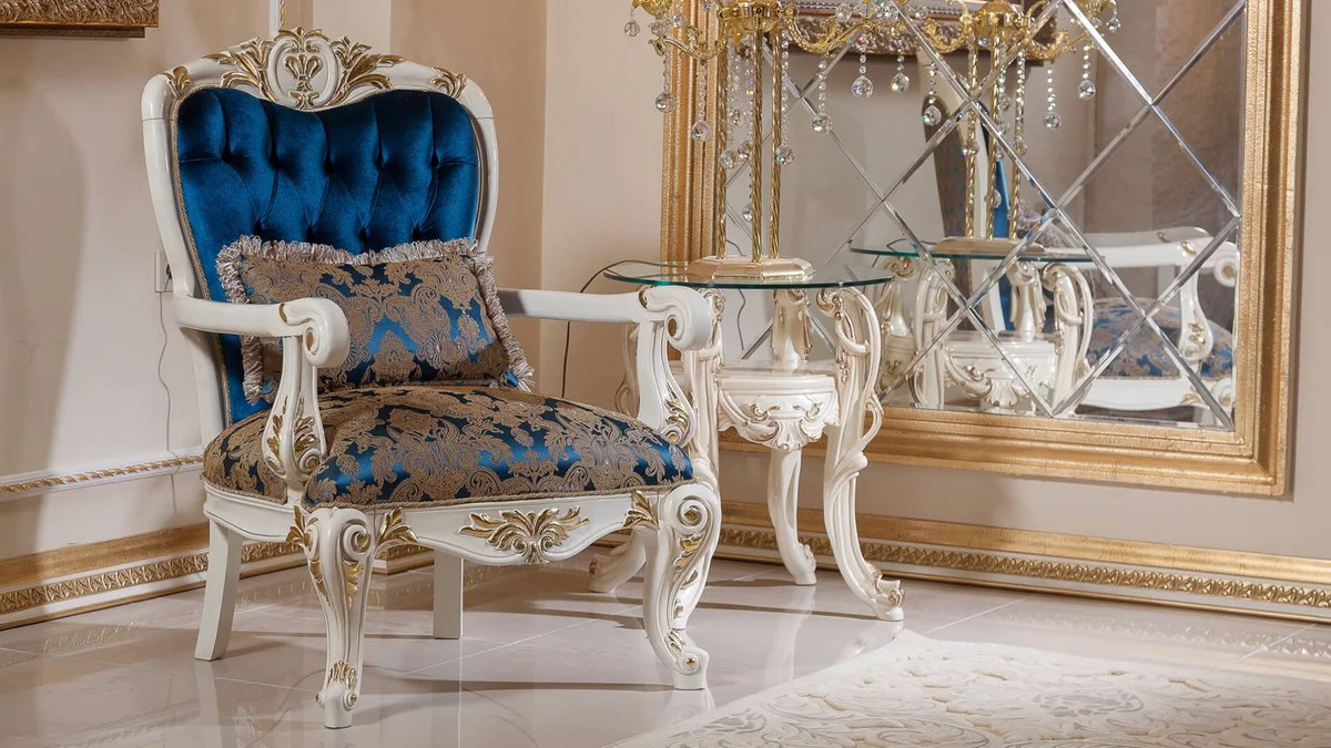 Luxus Barock Wohnzimmer Set Blau / Braun / Weiß / Gold - 2 Barock Sofas & 2 Barock Sessel & 1 Barock Couchtisch - Wohnzimmer Möbel im Barockstil - Barock Möbel - Barock Einrichtung