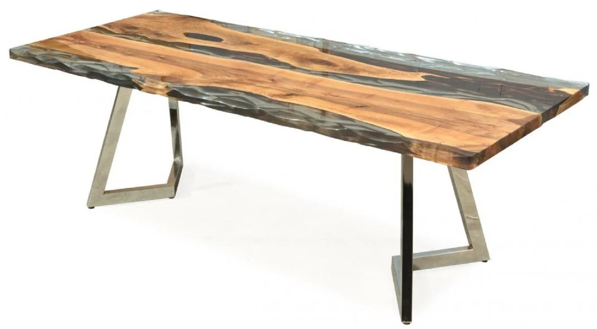 Luxus Esstisch Braun / Silber 230 x 100 x H. 76 cm - Rechteckiger Küchentisch mit Epoxiharz - Esszimmer Möbel - Epoxiharz Möbel - Luxus Möbel