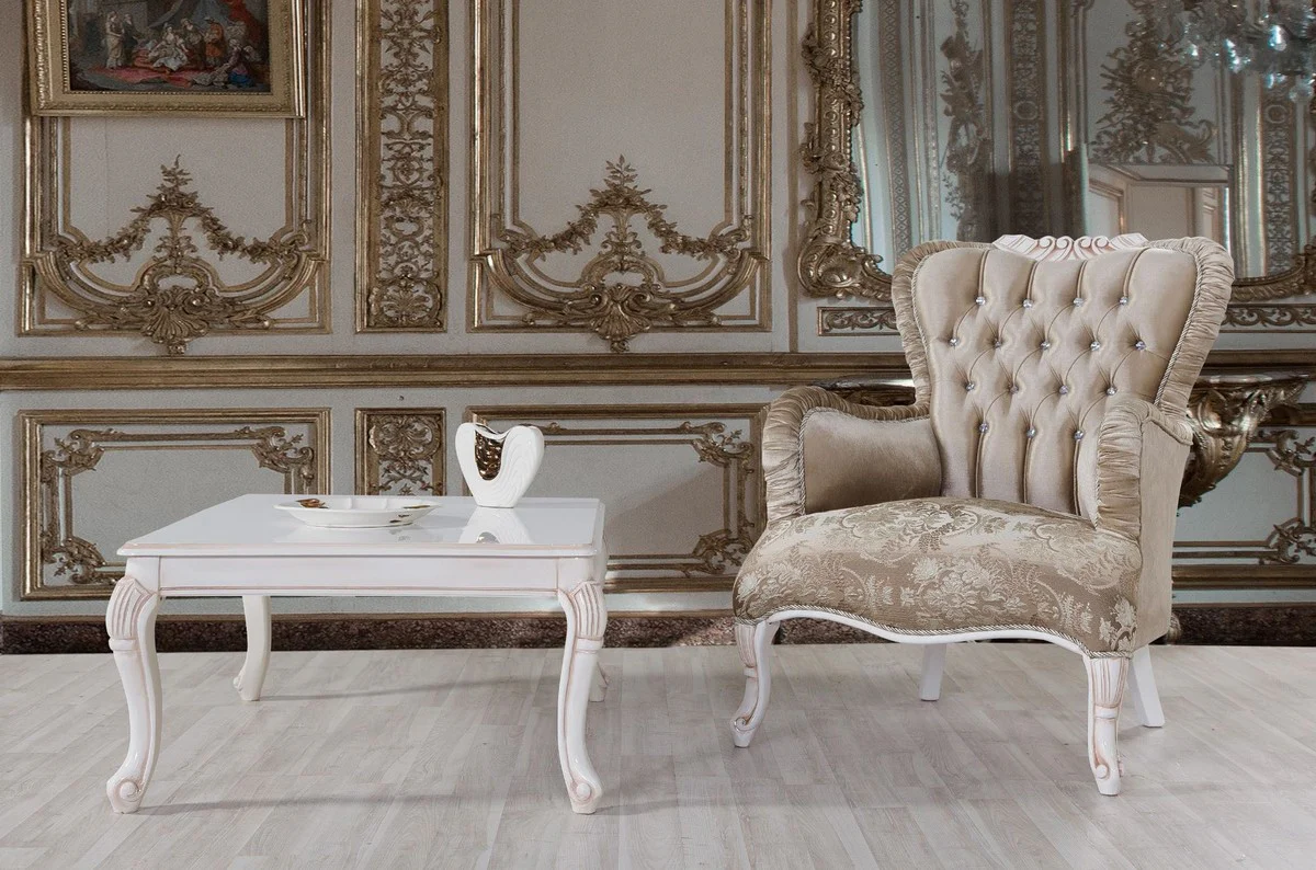 Barock Couchtisch Weiß / Beige 104 x 80 x H. 45 cm - Massivholz Wohnzimmertisch im Barockstil - Barock Wohnzimmer Möbel