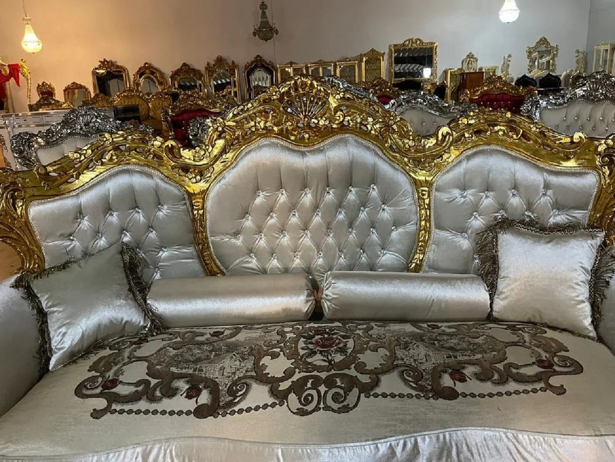 Barock Wohnzimmer Set Silber Muster / Gold - 1 Barock Sofa & 2 Barock Sessel - Wohnzimmer Möbel im Barockstil - Barock Möbel - Barock Wohnzimmer Einrichtung