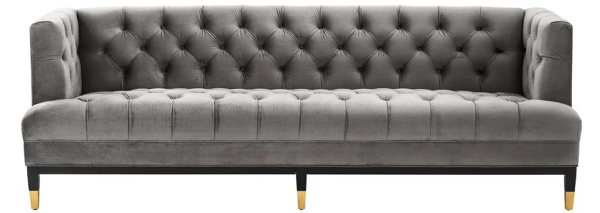Luxus Wohnzimmer Sofa Grau / Schwarz / Messingfarben 230 x 85 x H. 79 cm - Chesterfield Samtsofa