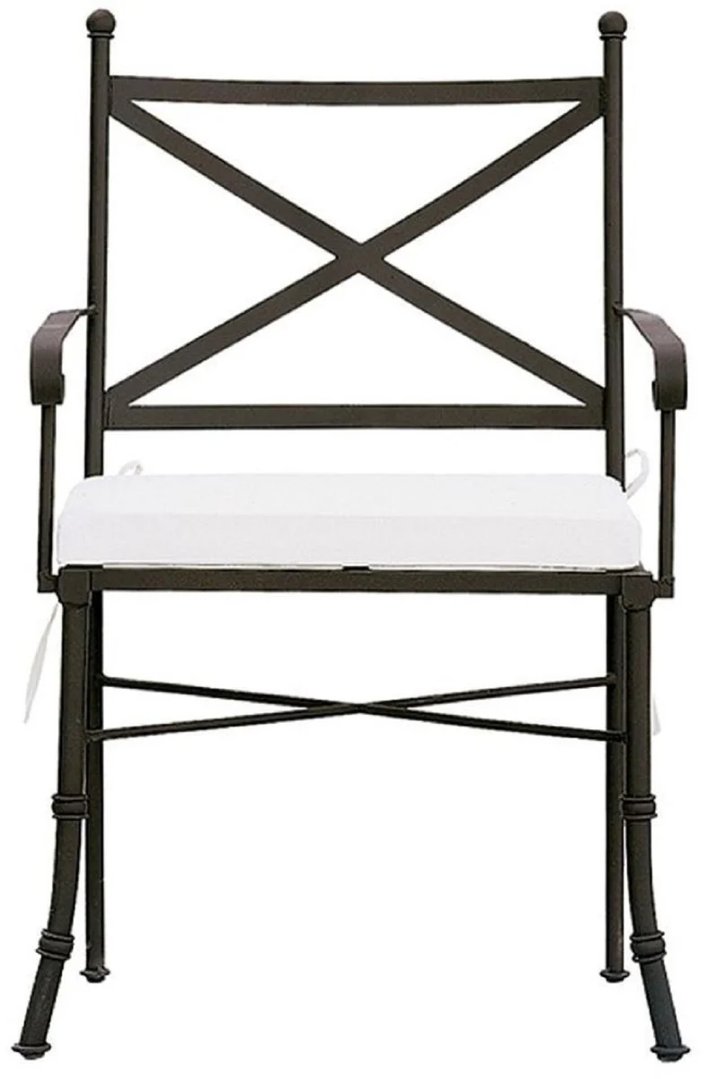 Luxus Jugendstil Gartenstuhl Set mit Armlehnen und Sitzkissen Braun / Weiß 61 x 51 x H. 97 cm - Handgeschmiedete Esszimmer Stühle - Esszimmer Garten Terrassen Möbel