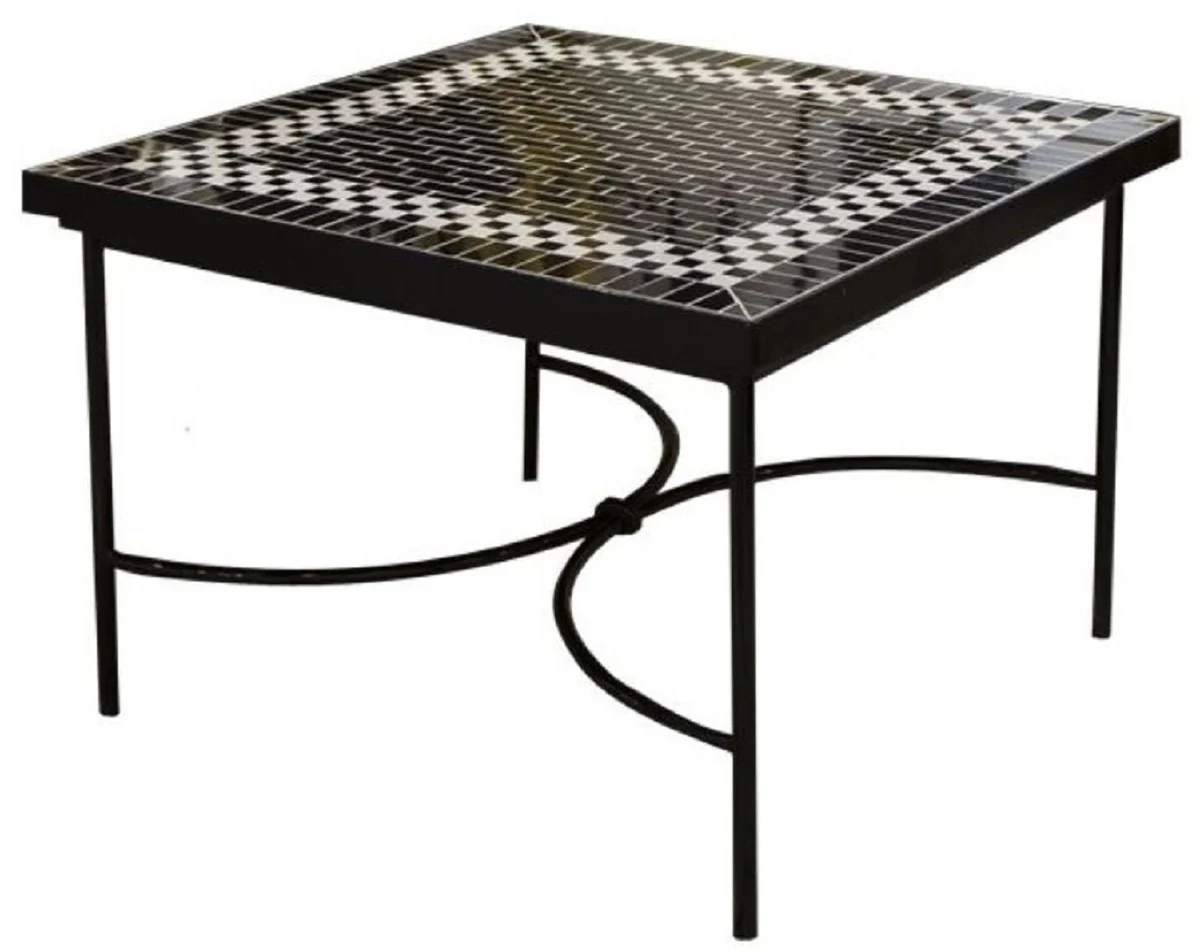 Luxus Jugendstil Couchtisch Schwarz / Weiß 80 x 80 x H. 45 cm - Handgefertigter Schmiedeeisen Tisch mit Keramik Fliesen Tischplatte - Wohnzimmer Garten Terrassen Tisch Möbel