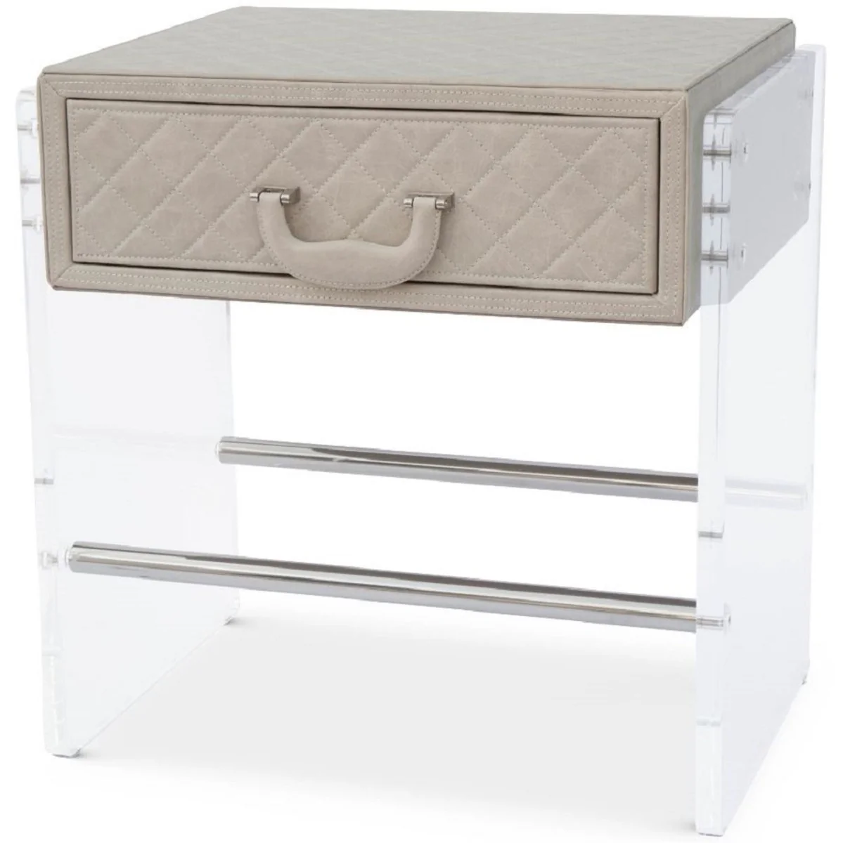 Luxus Nachttisch mit Schublade Cappuccino / Silber 59 x 53 x H. 72 cm - Eleganter Beistelltisch mit hochwertigem Leder - Luxus Schlafzimmermöbel