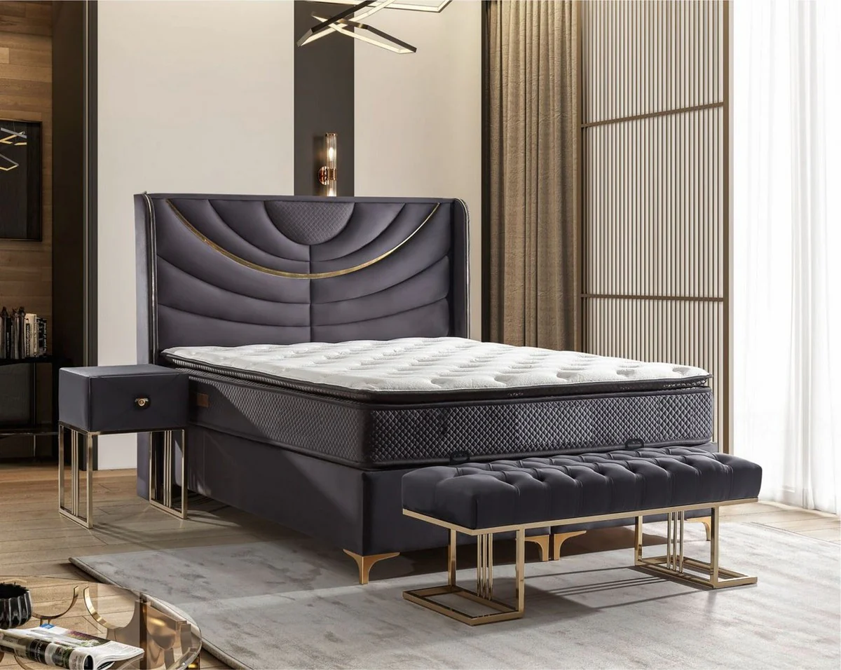 Luxus Doppelbett Lila / Gold - Verschiedene Größen - Massivholz Bett mit Kopfteil und Matratze - Hotel Möbel - Schlafzimmer Möbel - Luxus Möbel