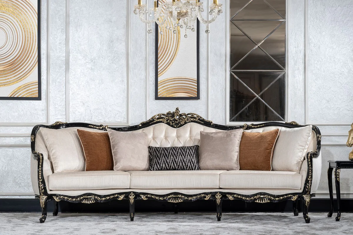 Luxus Barock Wohnzimmer Sofa Creme / Schwarz / Gold - Handgefertigtes Barockstil Sofa mit dekorativen Kissen - Luxus Wohnzimmer Möbel im Barockstil - Barock Möbel - Edel & Prunkvoll