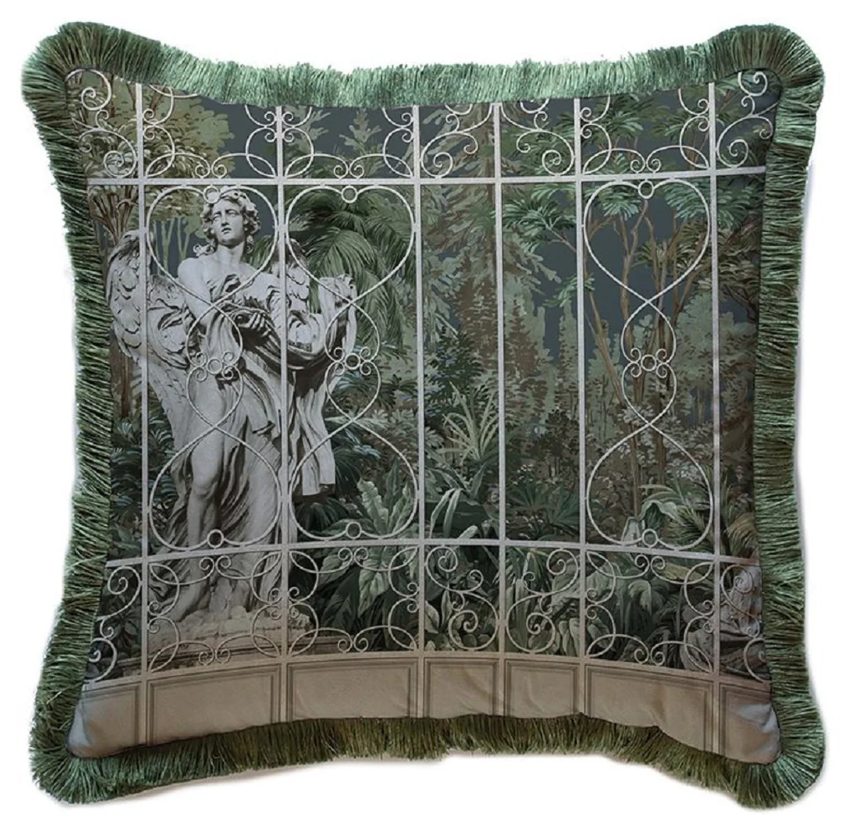 Luxus Barock Deko Kissen Skulptur Grau / Braun / Grün 45 x 45 cm - Bedrucktes Samt Kissen mit Fransen - Luxus Barock Deko Accessoires