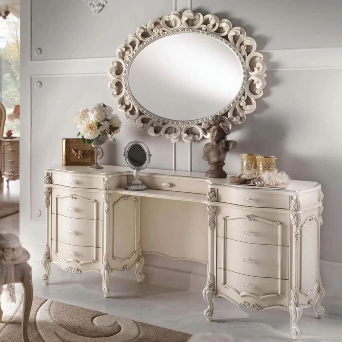 Luxus Barock Schminkkommode mit Spiegel Creme / Silber - Made in Italy