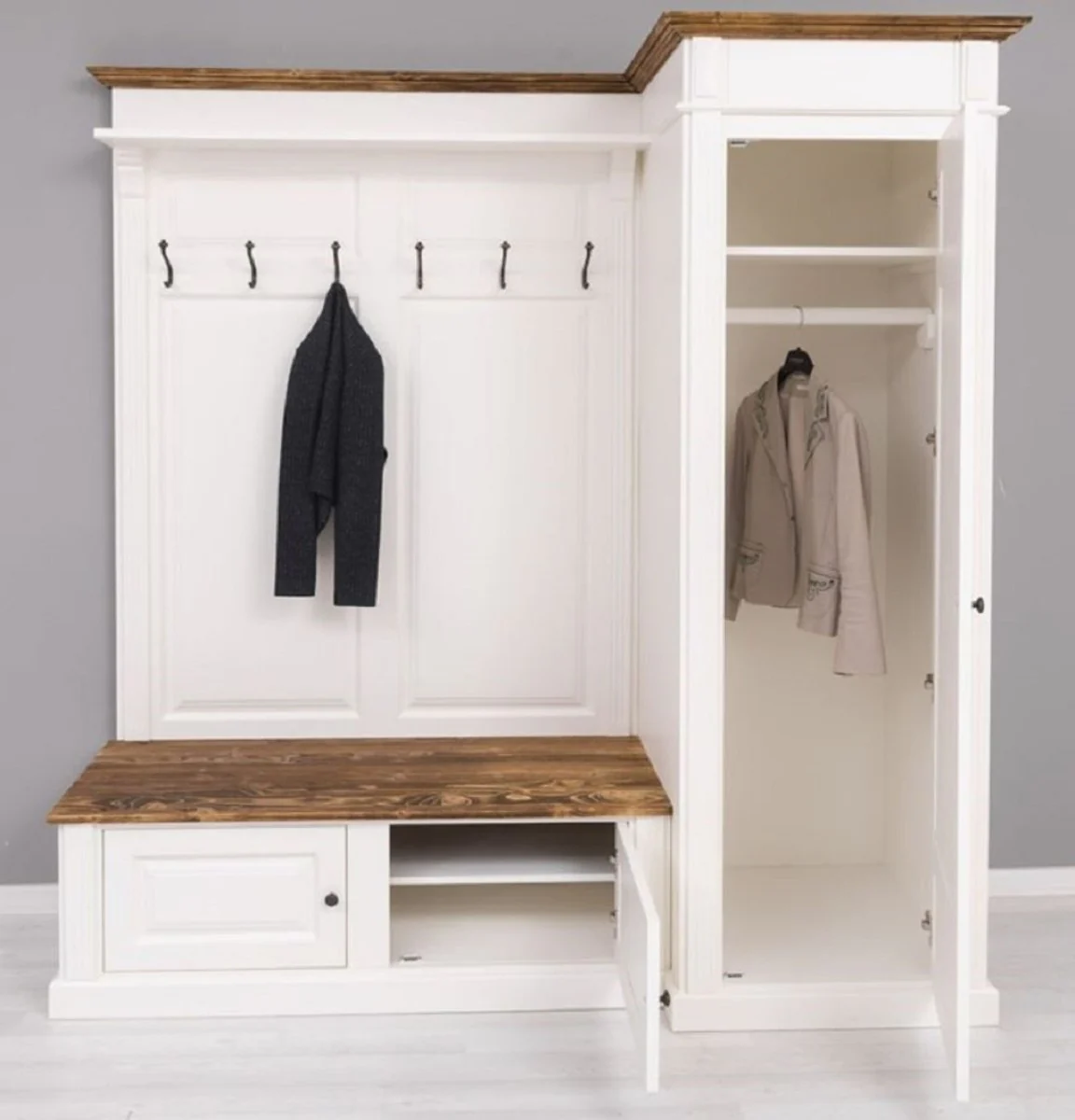 Landhausstil Garderobenschrank Weiß / Braun 205 x 65 x H. 210 cm - Massivholz Garderobe - Flur Schrank - Garderoben Möbel - Massivholz Möbel - Landhausstil Möbel