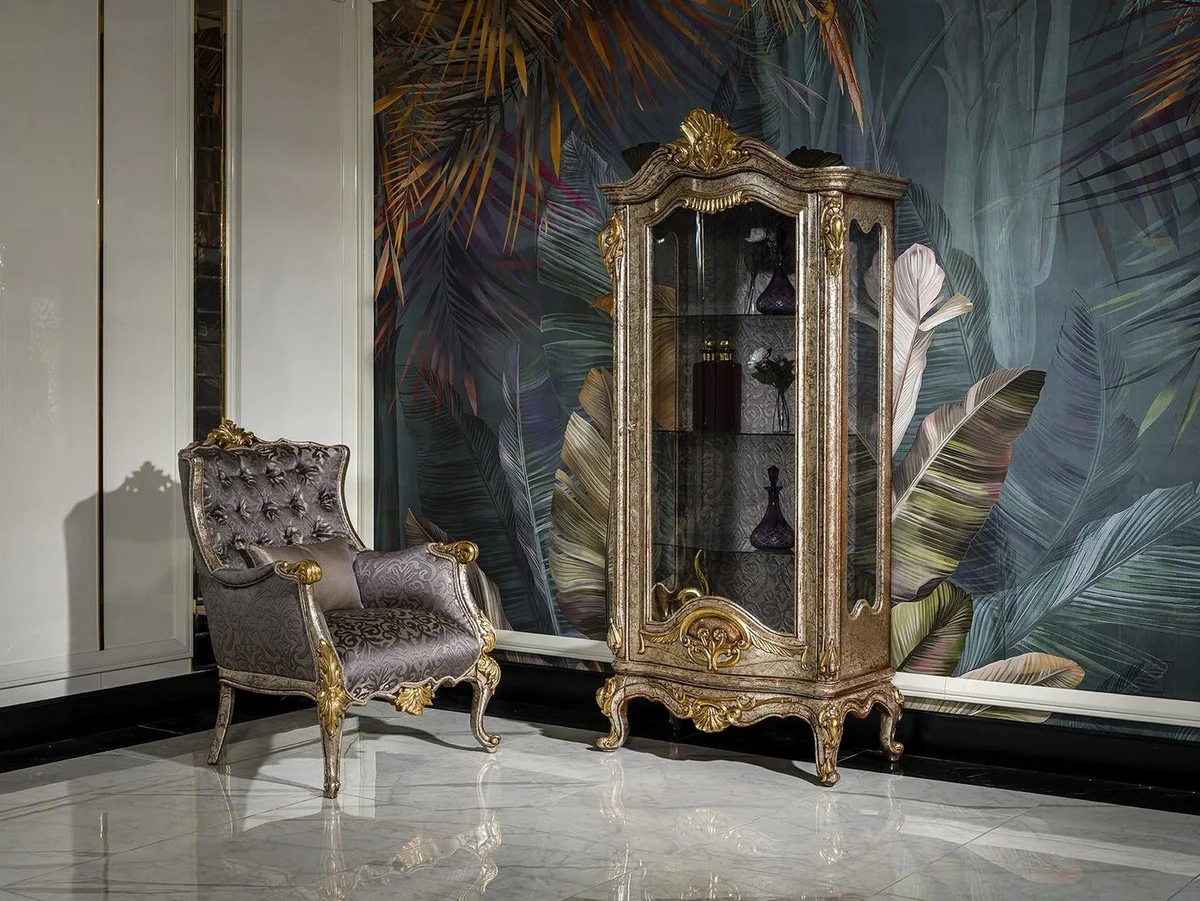 Luxus Barock Vitrine Antik Silber / Braun / Gold - Handgefertigter Massivholz Vitrinenschrank - Prunkvolle Barock Möbel