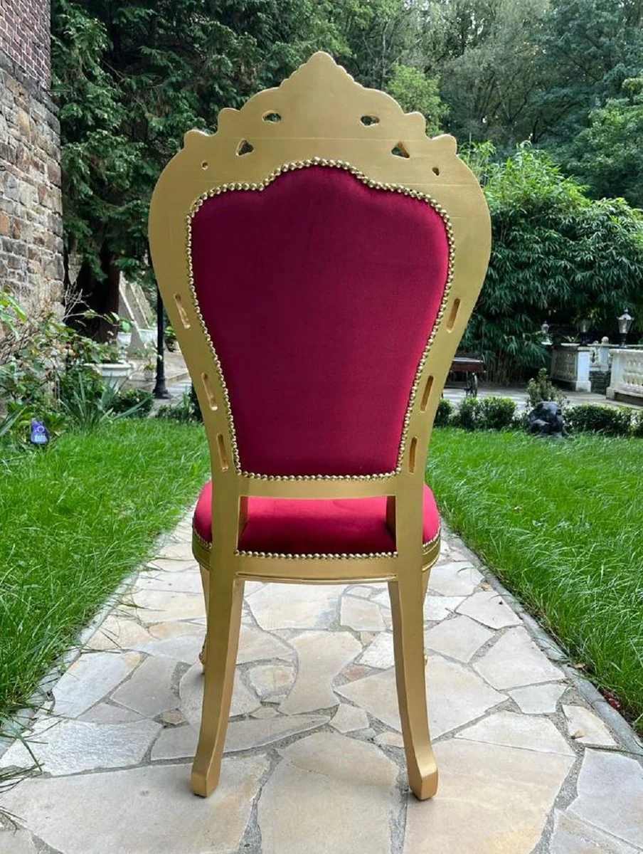 Luxus Barock Esszimmer Stuhl Bordeauxrot / Gold - Handgefertigter Antik Stil Stuhl mit edlem Samtstoff - Prunkvolle Esszimmer Möbel im Barockstil