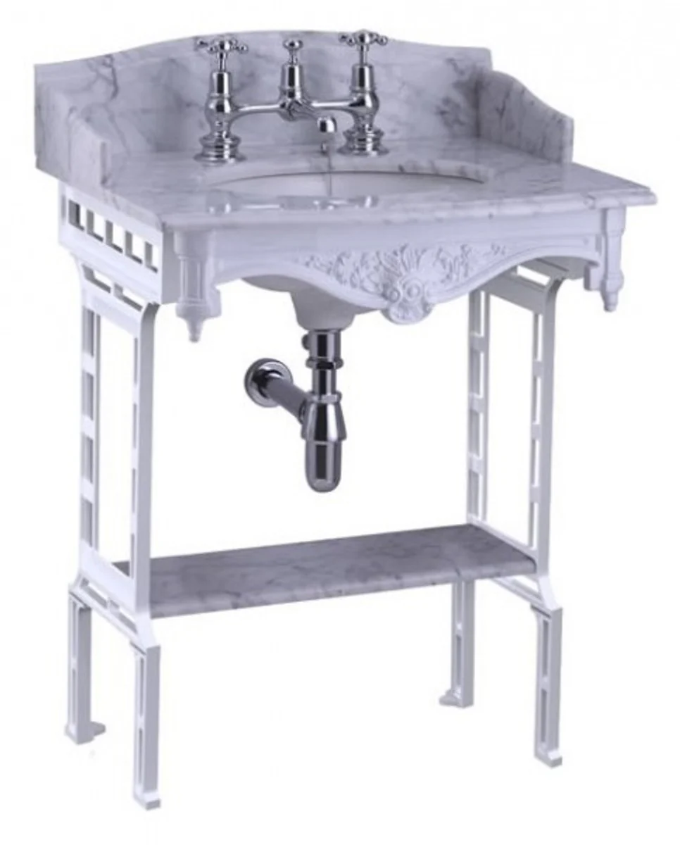 Luxus Jugendstil Stand Waschtisch Weiß / Weiß mit Marmorplatte mit Spritzschutz hinten, seitlich und Ablage Barock Waschbecken Barockstil Antik Stil