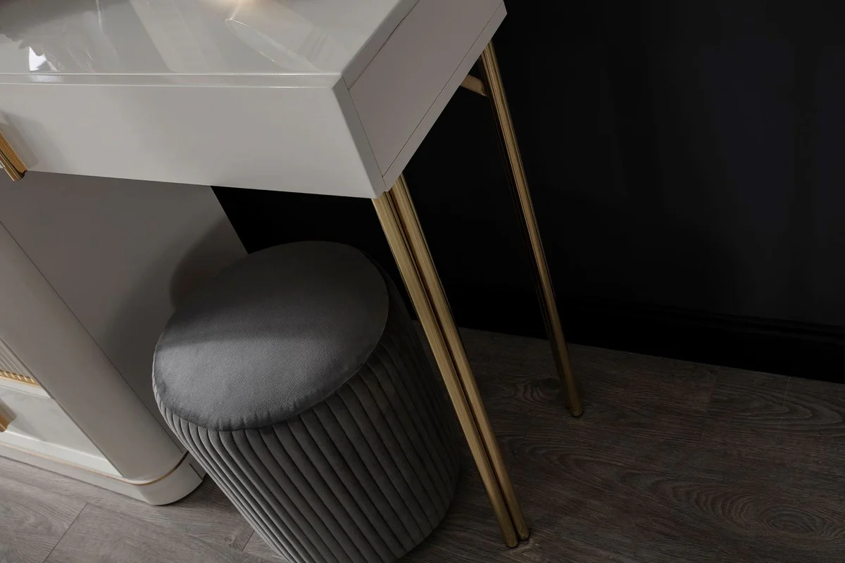 Luxus Schlafzimmer Schminktisch Set Weiß / Gold / Grau - 1 Schminkkommode mit Spiegel & 1 Hocker - Luxus Schlafzimmer Möbel