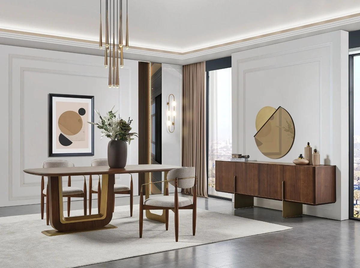 Luxus Esszimmerstuhl 6er Set mit Armlehnen Grau / Braun / Messing 69 x 52 x H. 90 cm - Esszimmer Möbel - Restaurant Möbel - Esszimmer Einrichtung - Luxus Möbel - Luxus Einrichtung