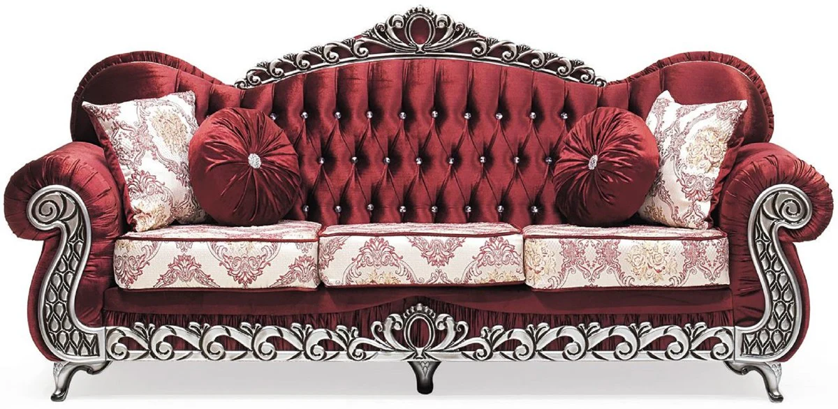 Luxus Barock Sofa Bordeauxrot / Creme / Silber - Prunkvolles Wohnzimmer Sofa mit elegantem Muster und Glitzersteinen - Wohnzimmer Möbel im Barockstil - Barock Möbel - Edel & Prunkvoll