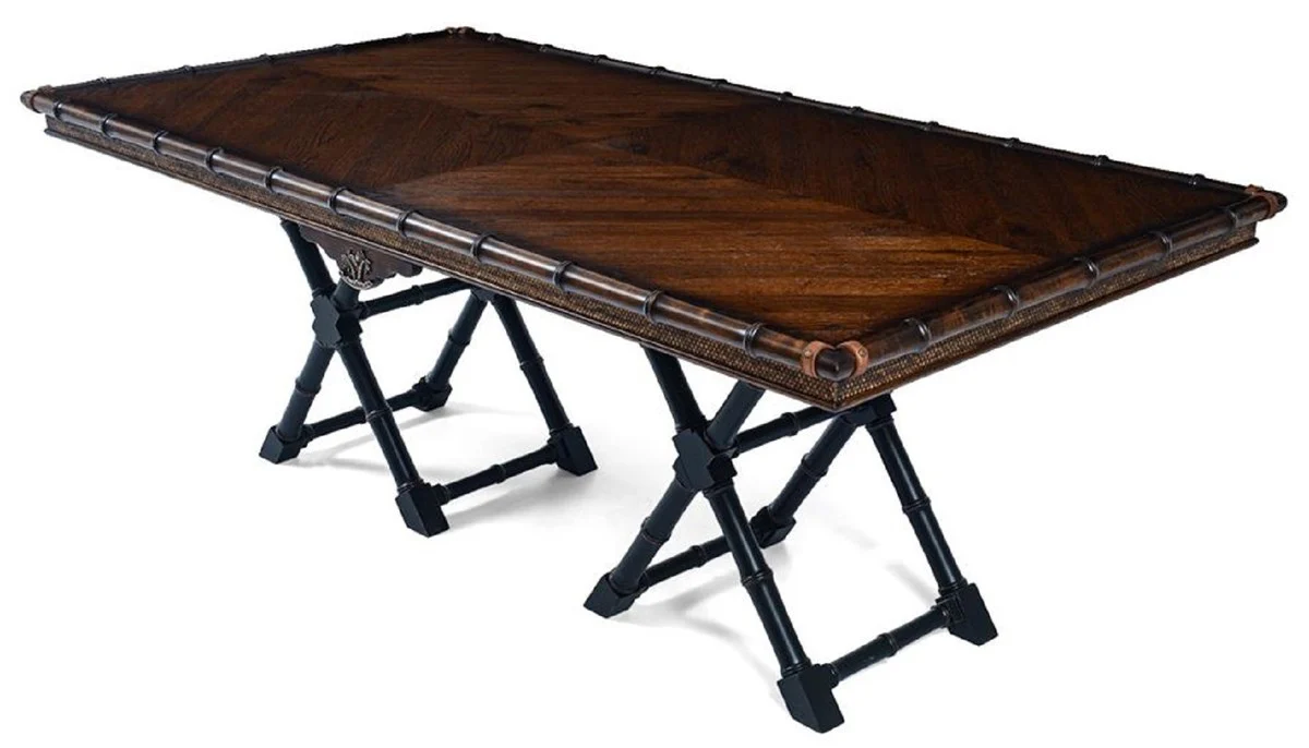 Luxus Vintage Stil Esstisch Braun / Schwarz 215 x 108 x H. 78 cm - Rechteckiger Massivholz Esszimmertisch - Esszimmer Möbel - Massivholz Möbel - Vintage Stil Möbel - Luxus Möbel