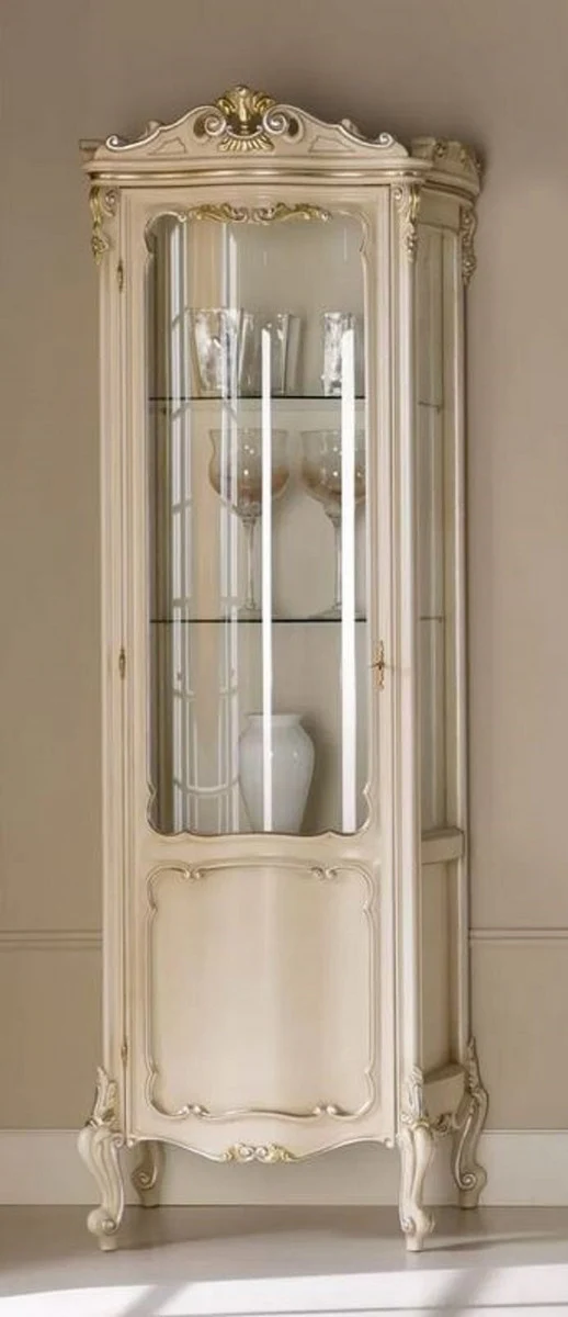 Luxus Barock Vitrine Cremefarben / Silber / Gold - Handgefertigter Massivholz Vitrinenschrank mit Tür - Prunkvolle Barock Möbel - Luxus Qualität - Made in Italy