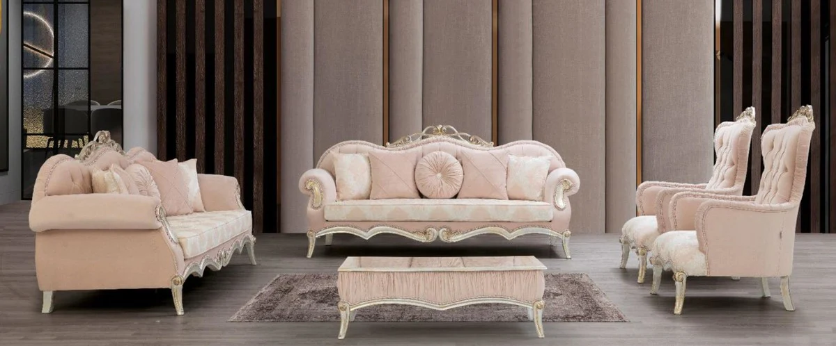 Luxus Barock Wohnzimmer Set Rosa / Silber / Gold - 2 Sofas mit Kissen & 2 Sessel & 1 Couchtisch - Wohnzimmermöbel im Barockstil - Edle Barock Möbel