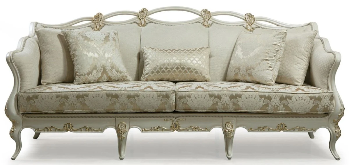 Luxus Barock Sofa Cremefarben / Weiß / Gold - Handgefertigtes Wohnzimmer Sofa mit dekorativen Kissen - Wohnzimmer Möbel im Barockstil - Edel & Prunkvoll