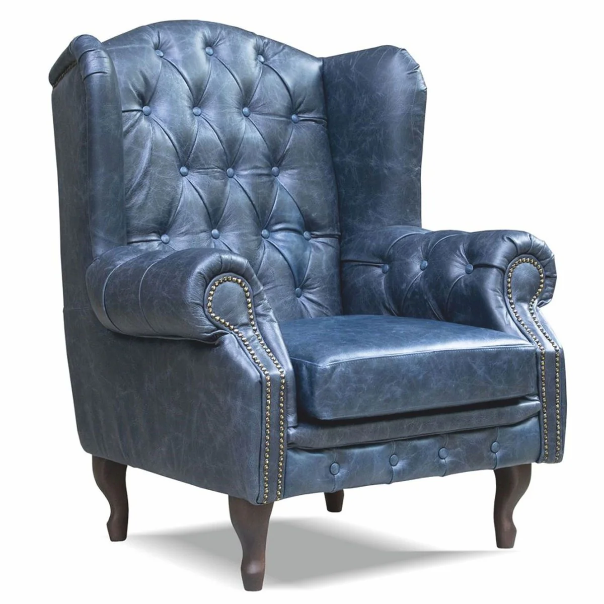 Luxus Chesterfield Echtleder Ohrensessel Vintage Blau / Dunkelbraun