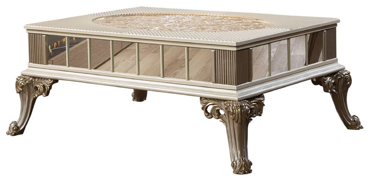 Luxus Barock Couchtisch Creme / Weiß / Grau / Gold - Verspiegelter Barockstil Wohnzimmertisch - Luxus Möbel im Barockstil - Barockstil Wohnzimmer Möbel - Barock Möbel