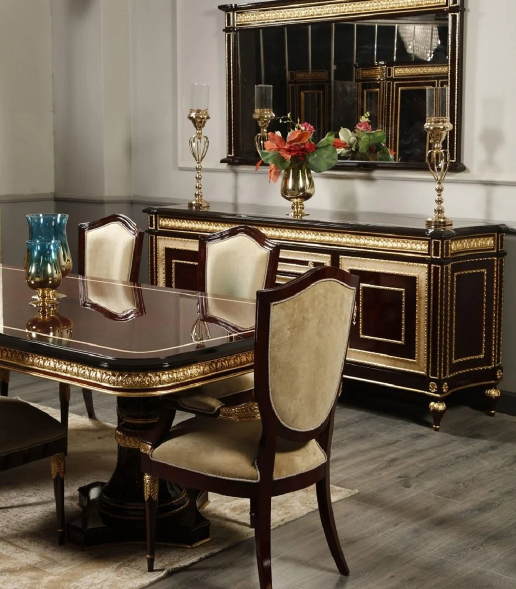 Luxus Barock Esszimmer Stuhl mit Armlehnen Gold / Dunkelbraun / Gold - Luxus Esszimmer Möbel im Barockstil - Prunkvolle Barock Möbel - Barock Interior