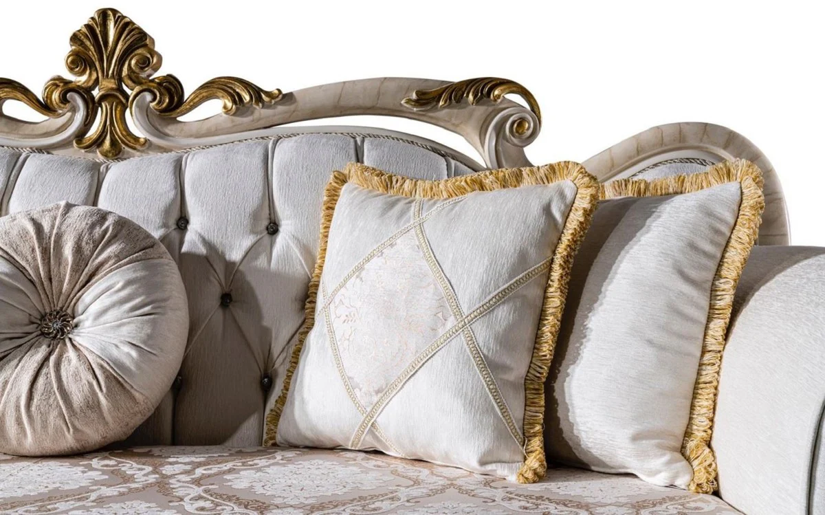 Luxus Barock Sofa Weiß / Braun / Weiß / Beige / Gold - Prunkvolles Wohnzimmer Sofa mit Glitzersteinen - Barockstil Wohnzimmer Möbel - Luxus Möbel im Barockstil - Barock Einrichtung