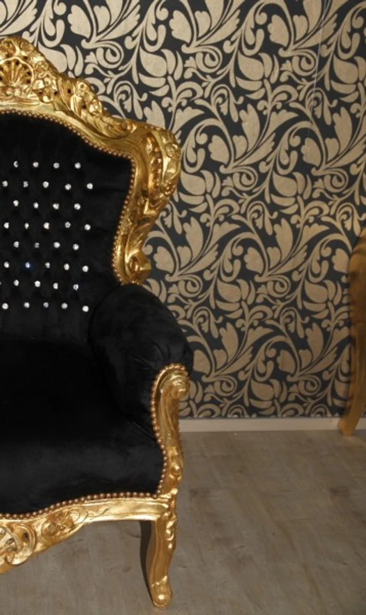 Barock Sessel King Schwarz / Gold mit Glitzersteinen - Luxus Barock Möbel