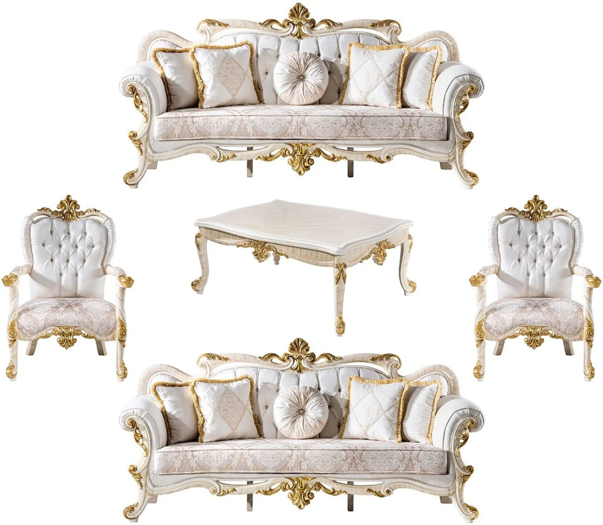 Luxus Barock Wohnzimmer Set Weiß / Braun / Weiß / Beige / Gold - 2 Barock Sofas & 2 Barock Sessel & 1 Barock Couchtisch - Luxus Wohnzimmer Möbel im Barockstil - Barock Möbel