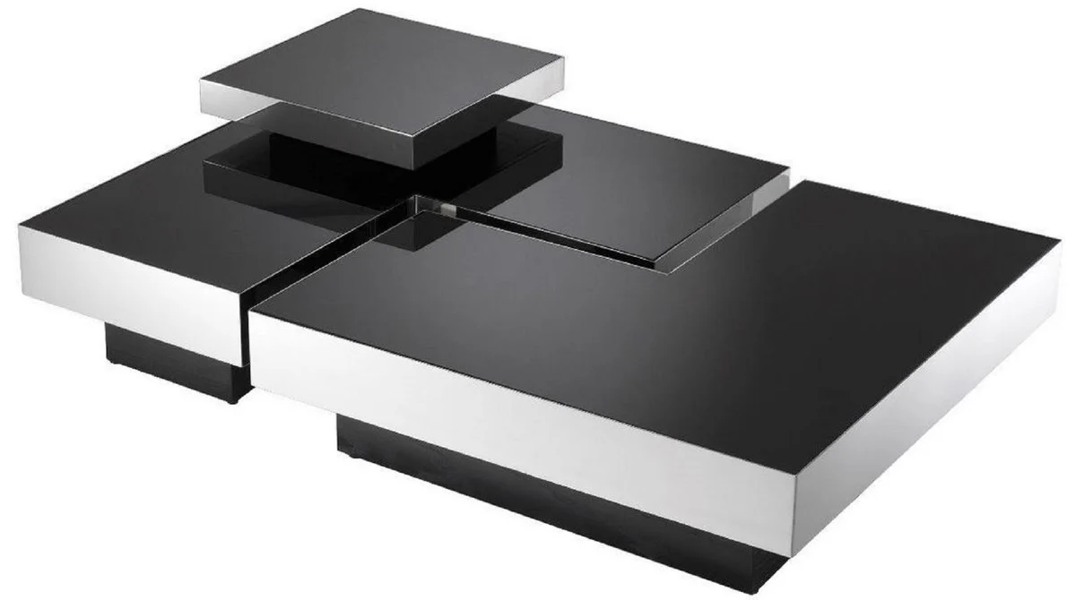 Luxus Couchtisch Set Silber / Schwarz - 2 L-förmige Wohnzimmertische mit 2 quadratischen Tabletts - Wohnzimmer Möbel - Luxus Kollektion