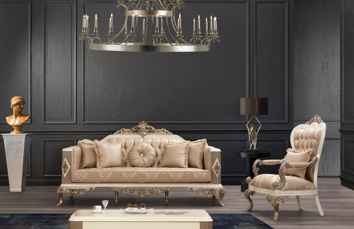 Luxus Barock Sofa Braun / Silber / Weiß / Braun / Gold 234 x 93 x H. 124 cm - Prunkvolles handgefertigtes Wohnzimmer Sofa mit dekorativen Kissen - Barock Wohnzimmer Möbel