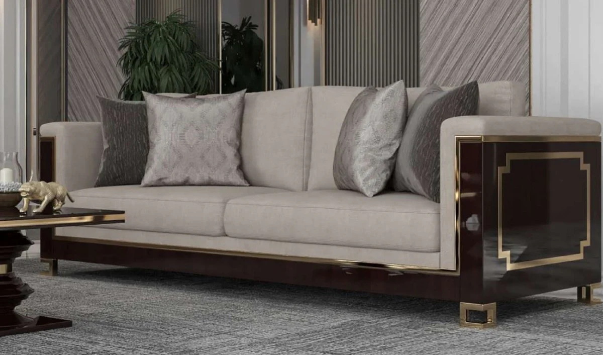 Luxus Art Deco Sofa Hellgrau / Dunkelbraun Hochglanz / Gold - Handgefertigtes Massivholz Wohnzimmer Sofa mit edlem Samtsoff - Luxus Qualität - Art Deco Möbel