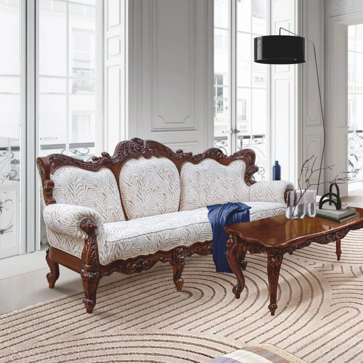 Luxus Barock Wohnzimmer Sofa Weiß / Dunkelbraun 240 cm - Barock Möbel