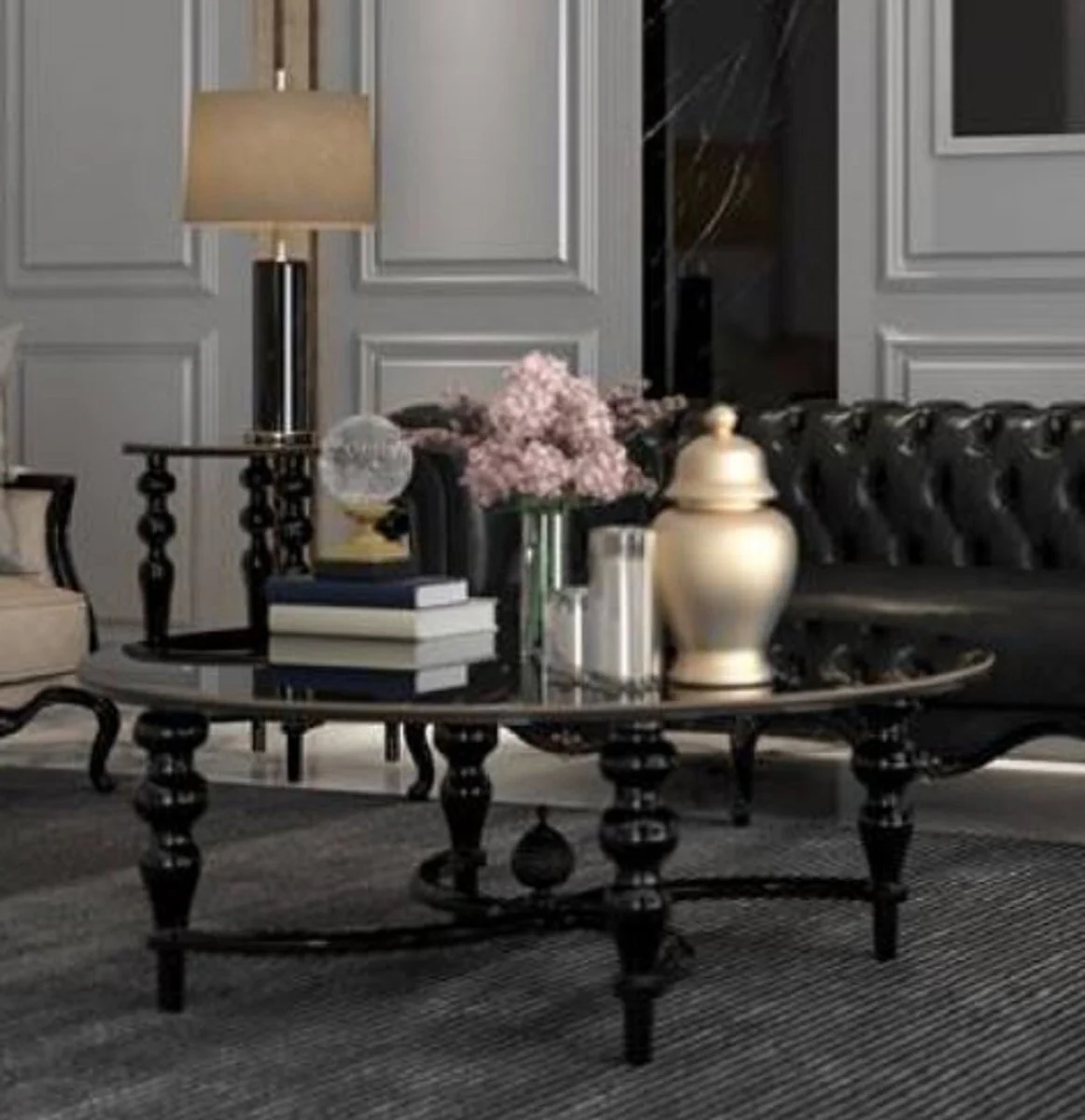 Luxus Barock Couchtisch Schwarz Ø 114 x H. 47 cm - Runder Massivholz Wohnzimmertisch - Edle Barock Wohnzimmer Möbel