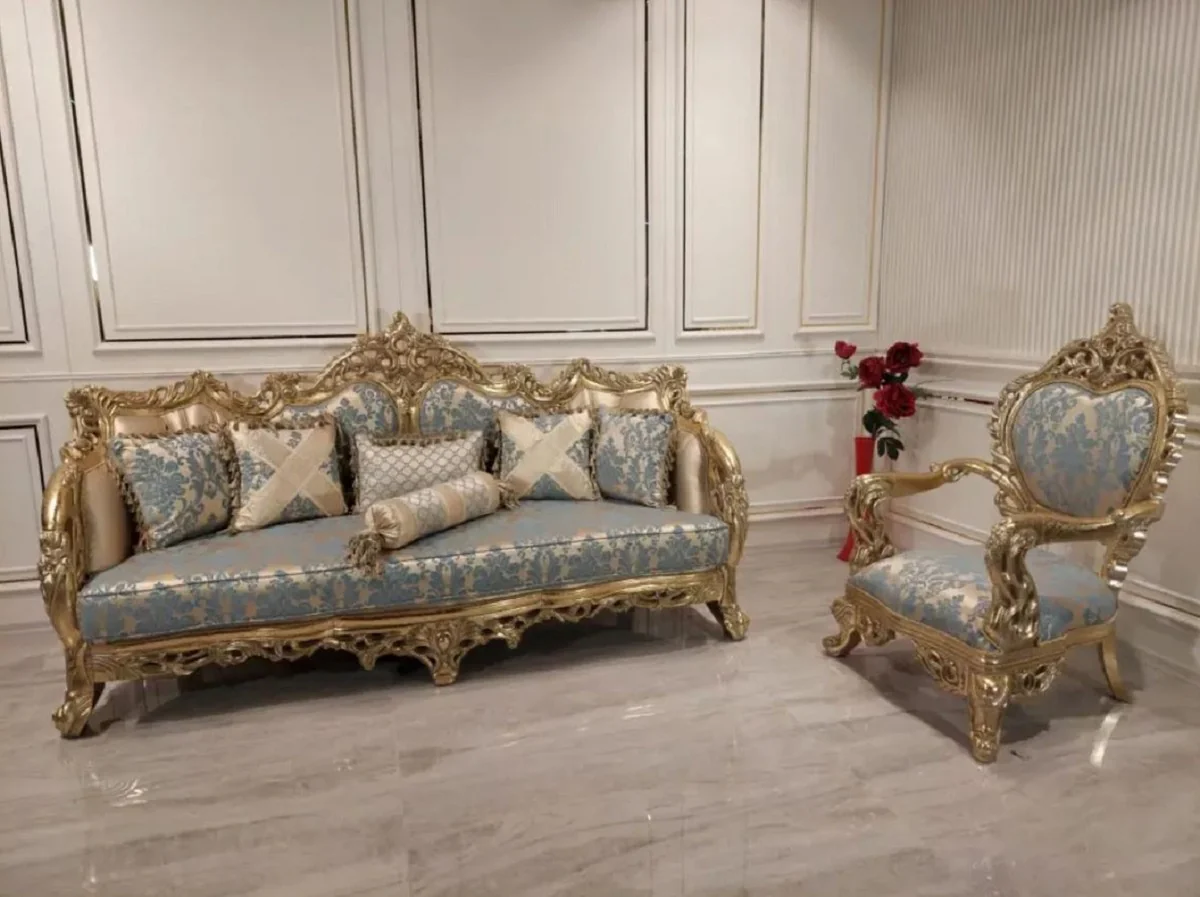 Luxus Barock Sofa mit elegantem Muster Türkis / Rosa / Gold - Handgefertigtes Wohnzimmer Sofa im Barockstil - Barock Wohnzimmer Möbel - Edel & Prunkvoll