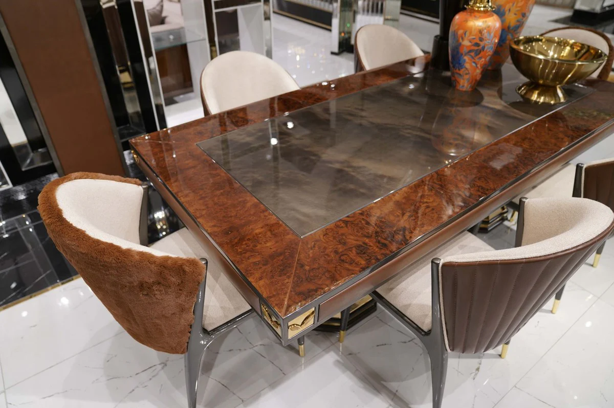 Luxus Esszimmer Set Naturfarben / Braun / Grau / Gold - 1 Luxus Esstisch & 6 Luxus Esszimmerstühle - Esszimmer Möbel - Luxus Möbel - Luxus Einrichtung - Esszimmer Einrichtung