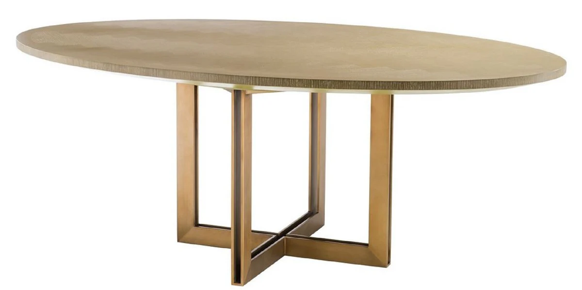 Luxus Esstisch Naturfarben / Messing 200 x 120 x H. 76 cm - Ovaler Küchentisch - Luxus Esszimmer Möbel