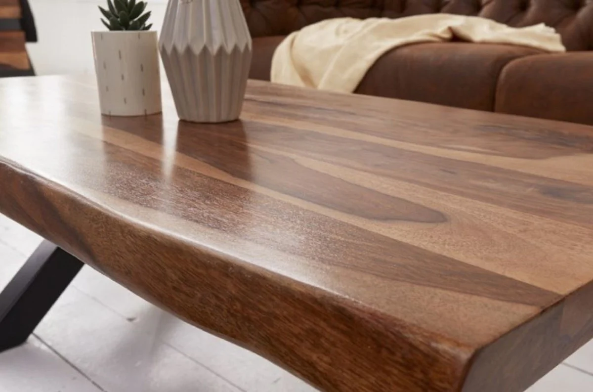 Massivholz Couchtisch mit Metallbeinen Braun / Schwarz 110 x 60 x H. 40 cm - Rechteckiger Wohnzimmertisch im Industrie Look - Wohnzimmer Möbel