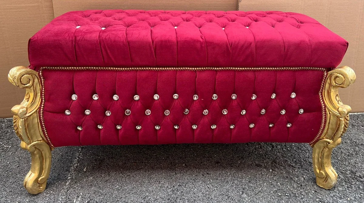 Barock Sitzbank - Truhe mit Glitzersteinen Bordeauxrot / Gold - Barock Möbel