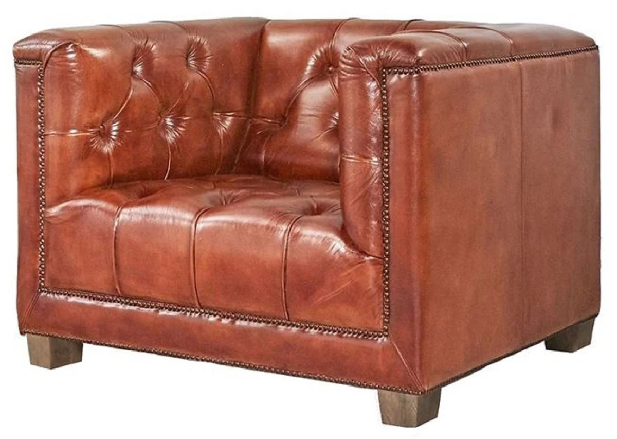 Luxus Chesterfield Echtleder Sessel Braun 110 cm - Echtleder Möbel