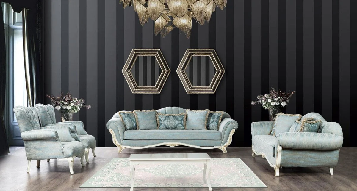 Luxus Barock Wohnzimmer Set Türkis / Weiß / Gold - 2 Barock Sofas & 2 Barock Sessel & 1 Barock Couchtisch - Barock Wohnzimmer Möbel