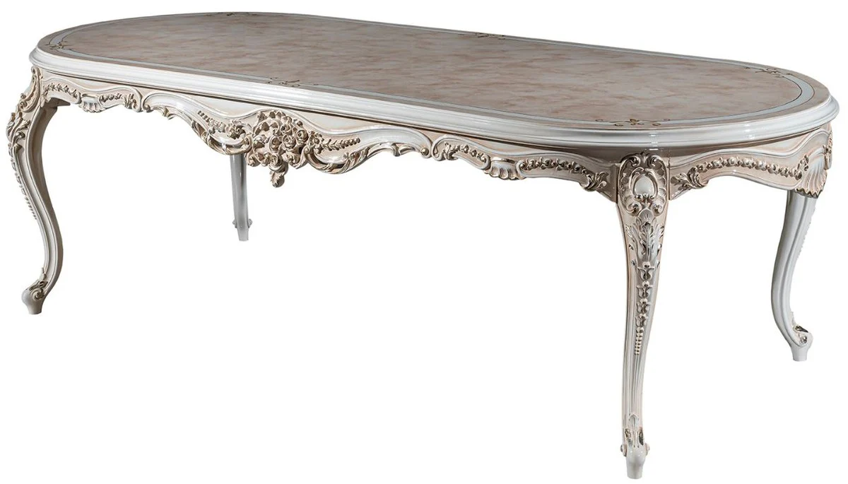 Luxus Barock Esszimmer Set Lila / Beige / Weiß / Gold - 1 Ovaler Esstisch & 6 Esszimmerstühle mit elegantem Muster - Barock Esszimmer Möbel - Edel & Prunkvoll