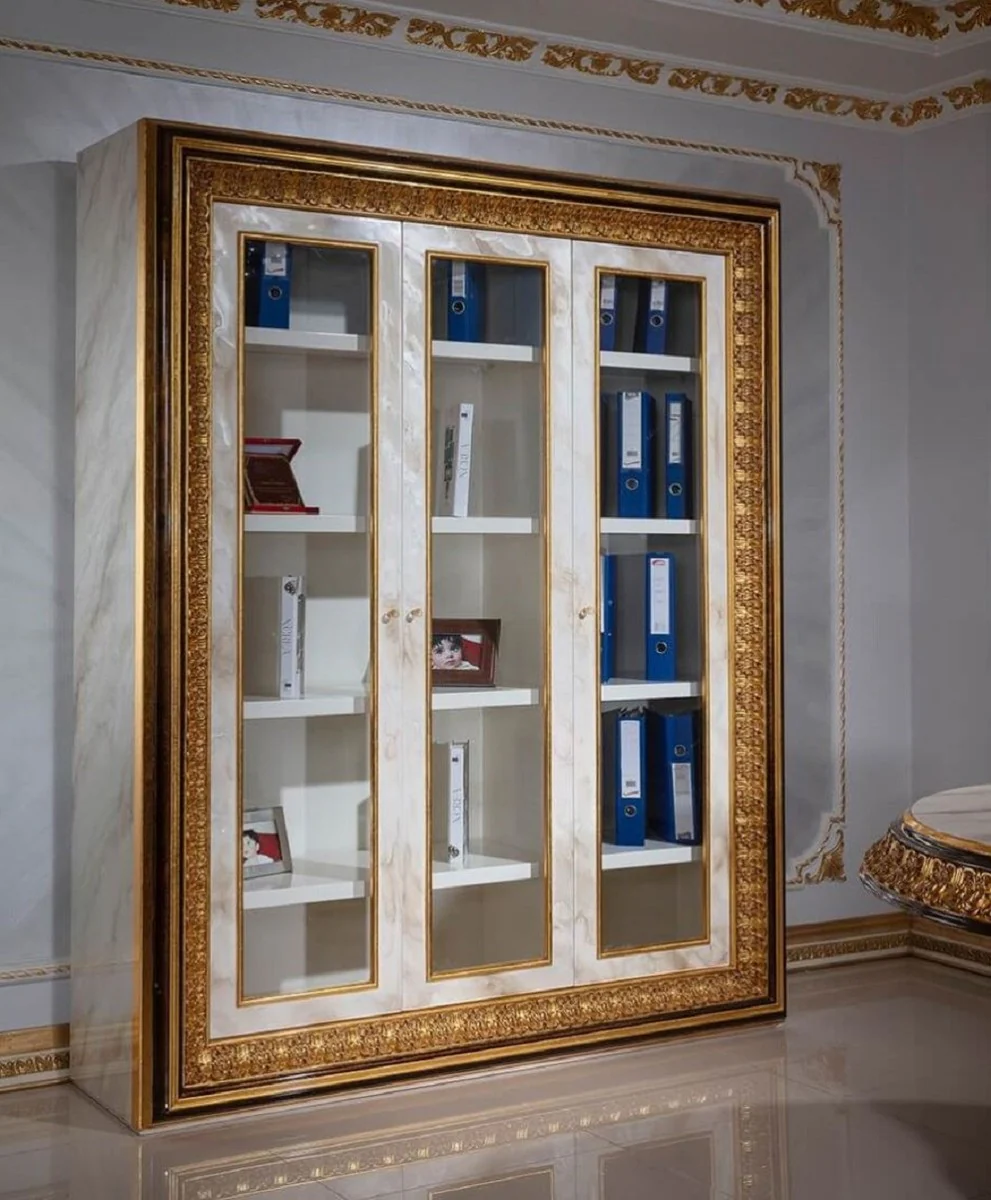 Luxus Barock Bücherschrank Weiß / Dunkelbraun / Gold - Prunkvoller Massivholz Schrank mit 3 Glastüren - Handgefertigte Barock Büro Möbel - Edel & Prunkvoll