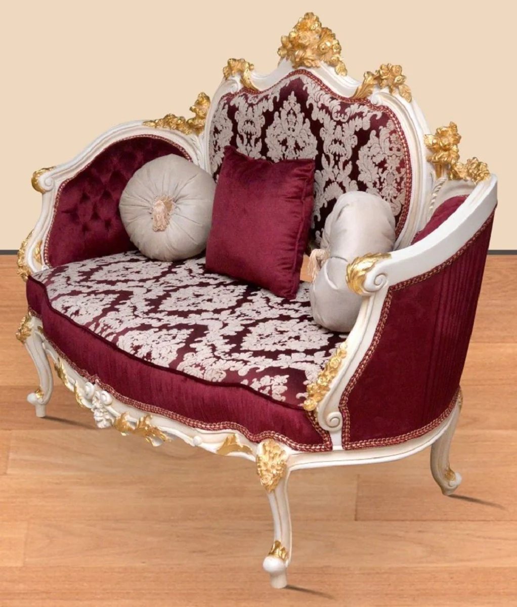 Barock Sofa Bordeauxrot / Weiß / Gold - Handgefertigtes Wohnzimmer Sofa im Barockstil - Prunkvolle Barock Wohnzimmer Möbel