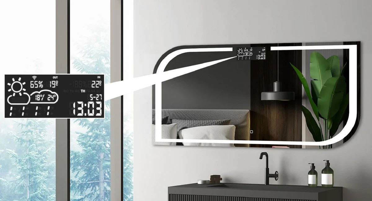 Luxus Badezimmer Spiegel 120 x 2,5 x H. 60 cm - Wandspiegel mit LED Beleuchtung und integrierter Wetterstation - Luxus Badezimmer Möbel